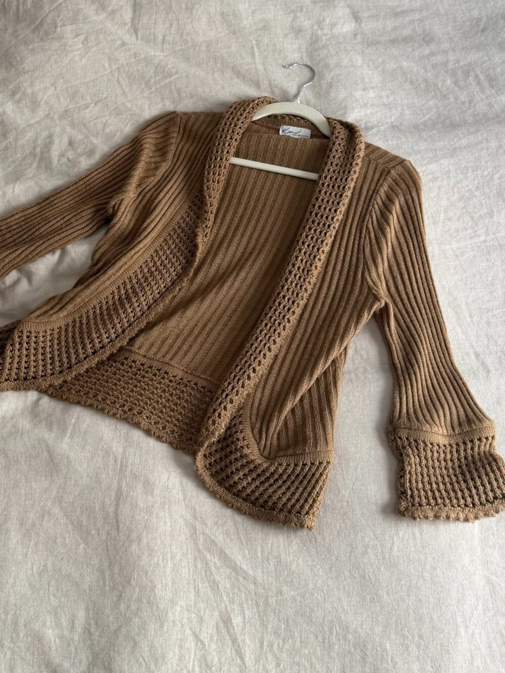 Tan Crochet Knit Open Front Cardigan